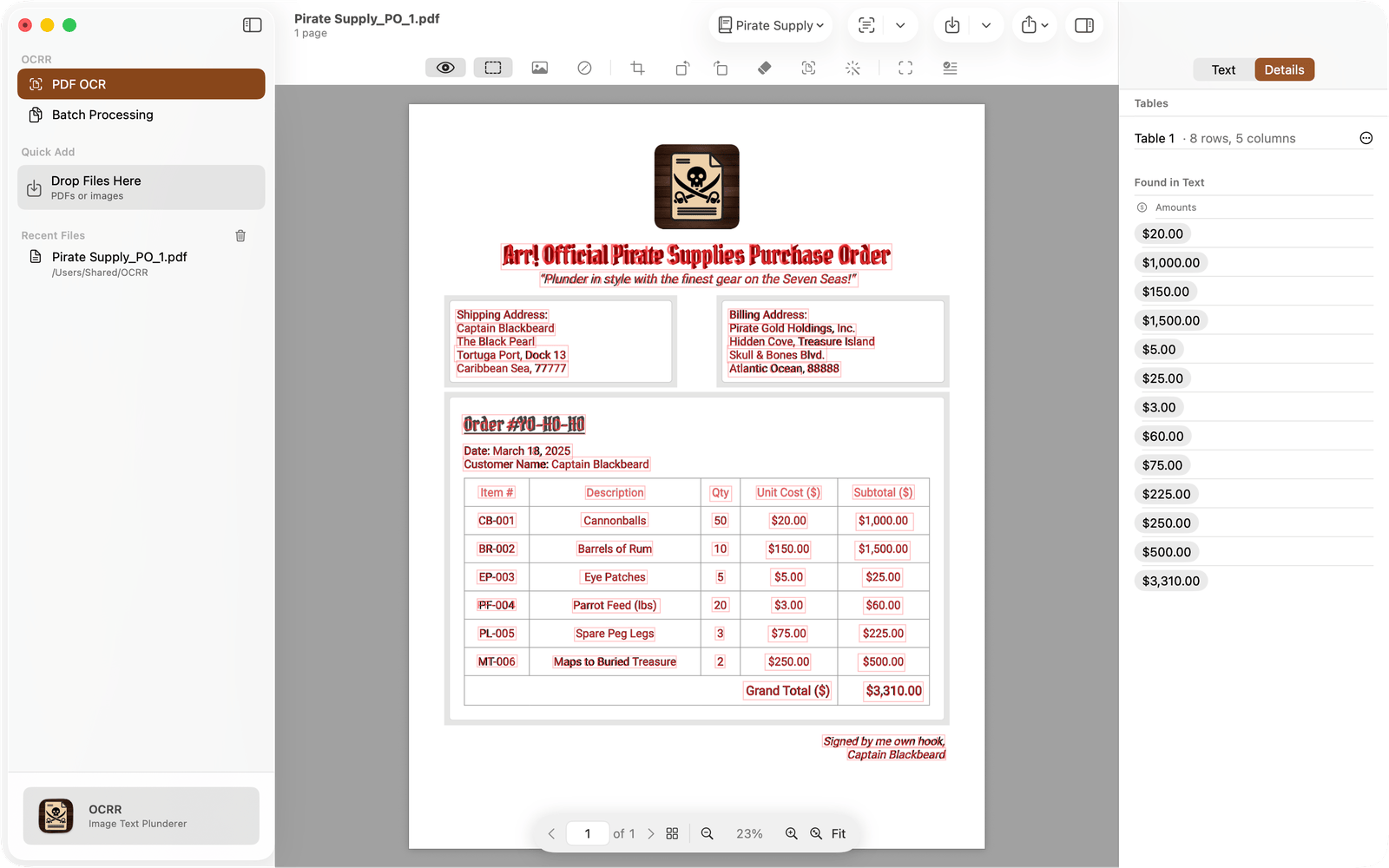 The Inspector's Details view: a table found on the page, and the amounts found in the text