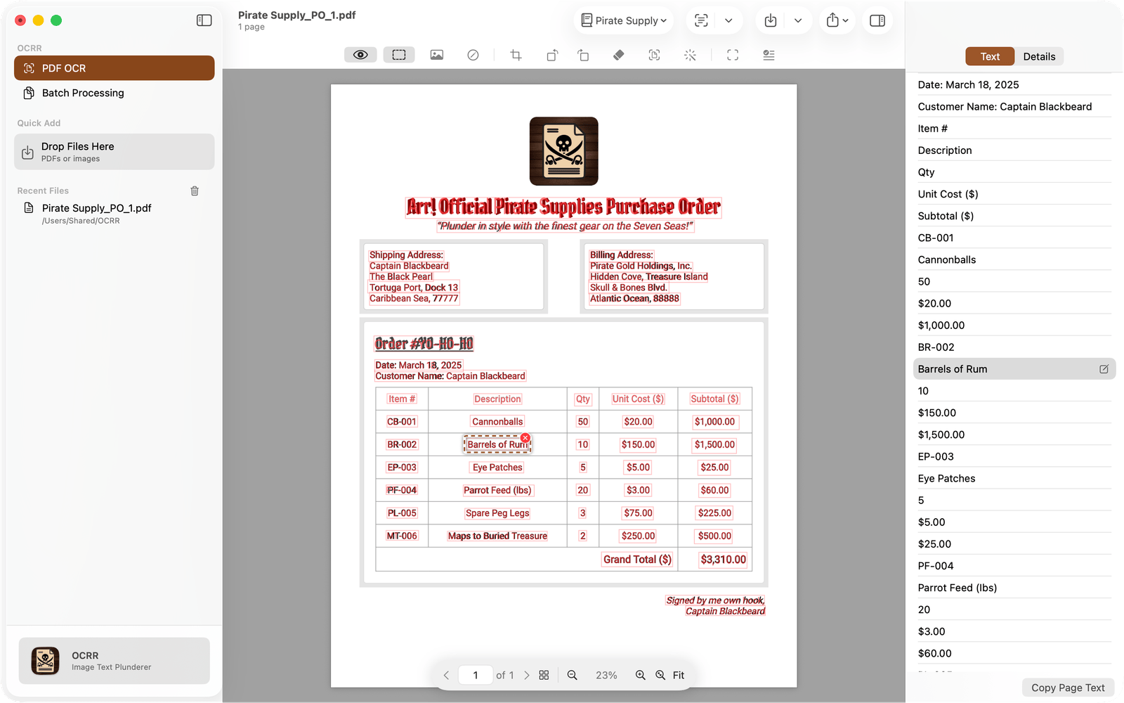 OCRR with a recognized purchase order: the recognized text over the page, and the Inspector's Text view